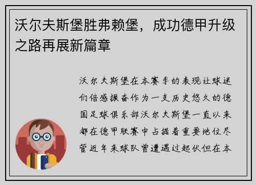 沃尔夫斯堡胜弗赖堡，成功德甲升级之路再展新篇章